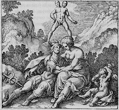 38. XXXVIII Rebis, ut Hermaphroditus, nascitur ex duobus montibus, Mercurii & Veneris.jpg